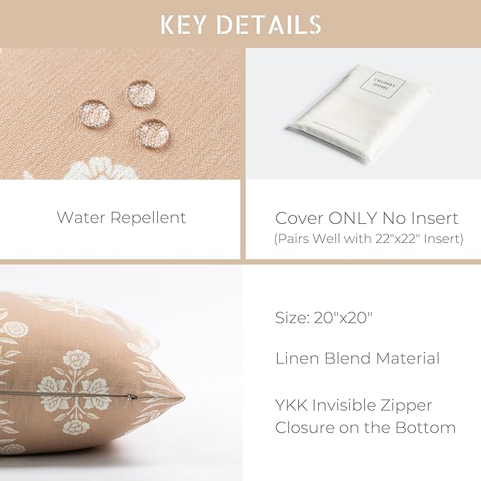 Crumbs Home Modern Farmhouse Fall Linen Indoor Outdoor Throw Pillow Cover Only, 20"x20" Water Repellent for Patio, Backyard, Couch, Ivory Cream Neutral Floral