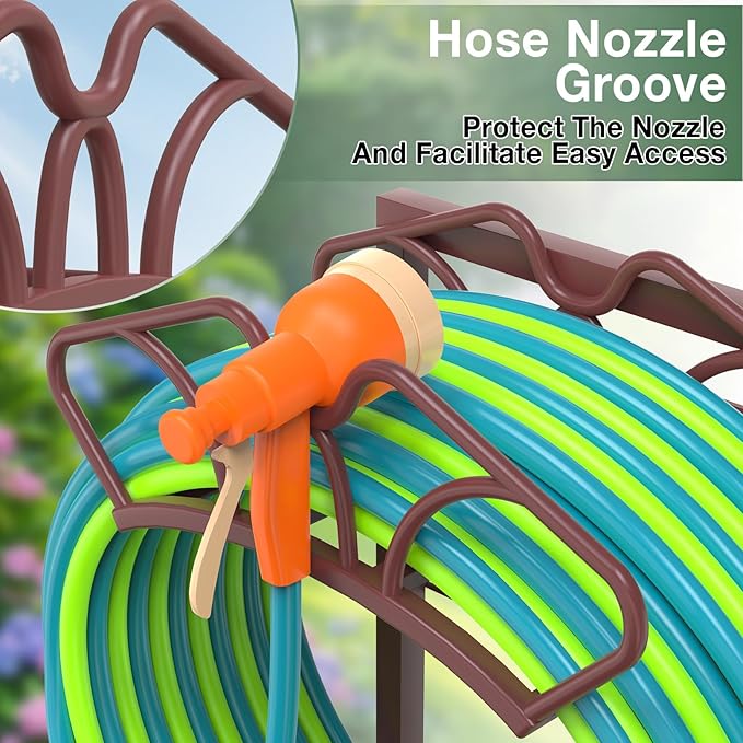 Qatsrin Upgraded Garden Hose Holder with Large Basket, Heavy Duty Water Hose Holder Supports 160-ft Hoses, Freestanding Detachable Hose Stand Storage Reel Hanger Rack for Yard Lawn Farm, Bronze