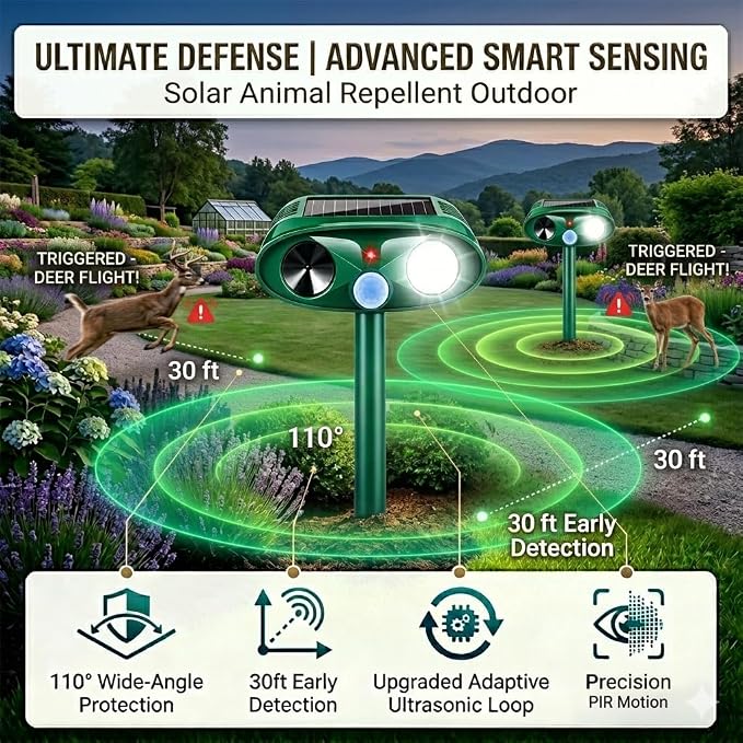 2 Pack Sonic Fortress Pro Deer Repellent Solar Ultrasonic Animal Repellent Outdoor Cat Deterrent with Motion Sensor Strobe Light for Rabbit Raccoon IP65 Waterproof Squirrel Repellent for Yard Garden