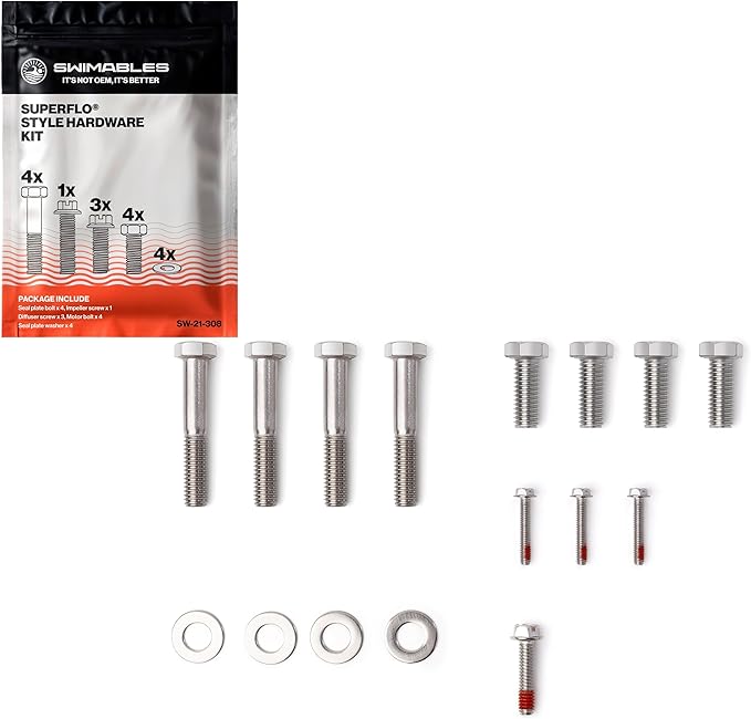 Swimables SuperFlo Hardware Pool Pump Bolt Kit for Pentair WhisperFlo & Intelliflo | Stainless Steel Hardware Kit Screws | Complete Bolt & Nut Kit with Washer Kit, Impeller Screw, Motor Bolts & More