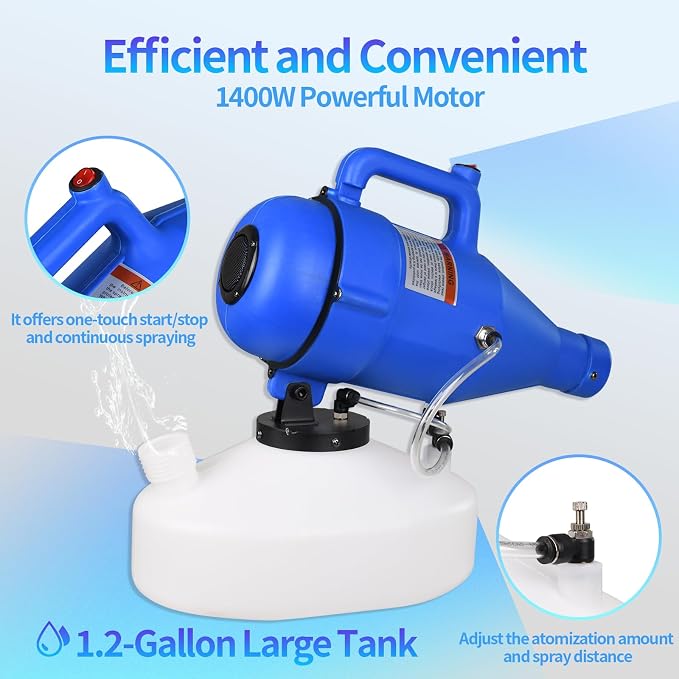 4.5L Portable ULV Fogger Machine with Adjustable Spray & 30ft Range, Handheld Cold Mist Disinfectant Sprayer, Lightweight Design for Hotels, Schools, Yards HESM-01