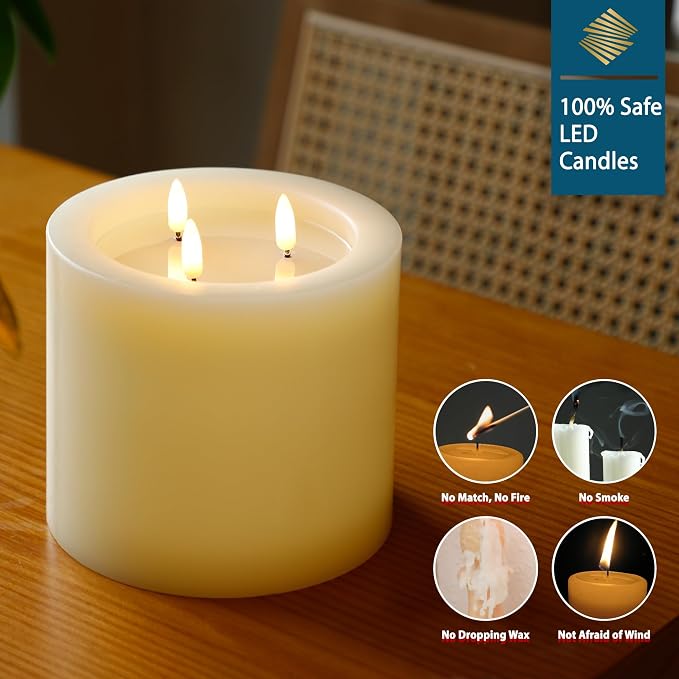 Extra Large Flameless Candles, 6"x6" Battery Operated Candles with Remote, Real Wax 3 Wick Led Candles with 3D Flickering Flame, Fake Candle for Home Decor (Ivory)