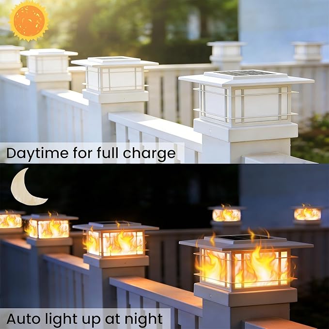 Dynaming 4x4 Solar Post Cap Lights Outdoor with Flickering Flame Light, White Shell Fence Post Solar Lights Fit Vinyl/Wooden Posts, Brightness LED Lighting Decor for Garden Deck Patio, 12 Pack