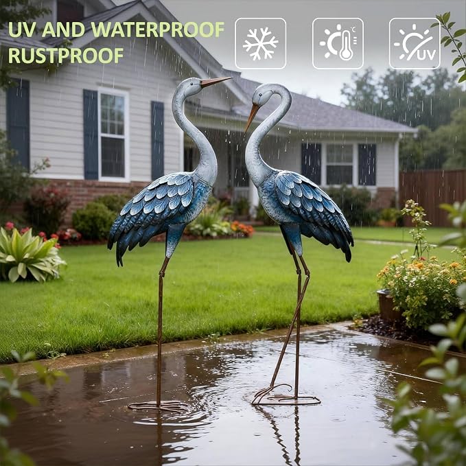 Kircust Blue Metal Heron Statues,Outdoor Garden Crane Sculptures 47-48 Inch | Waterproof and Rust-proof Bird Yard Art, For Pond & Lawn Garden Decor
