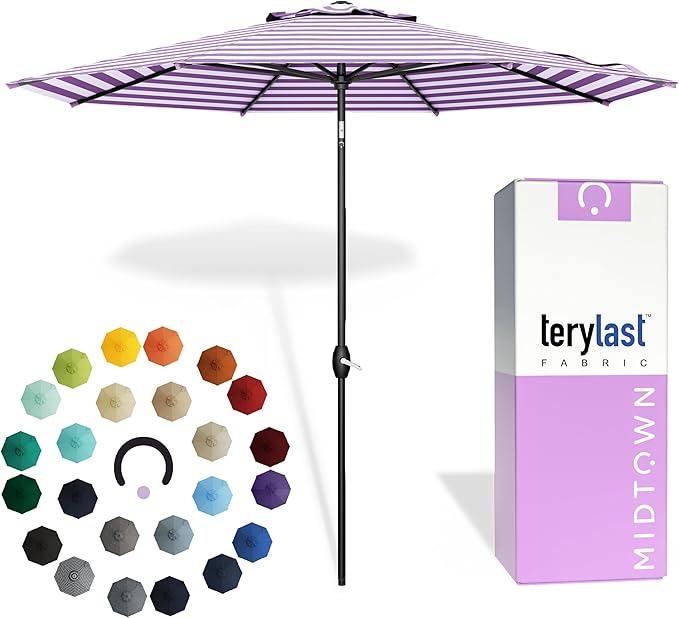 Midtown Umbrellas - 10-Year-No-Fade 9 Ft Patio Umbrella with Terylast Fabric, Auto-Tilt Aluminum Frame and 8 Reinforced Ribs for Deck, Pool, Garden & Beach - Purple Stripe Canopy, Black Pole
