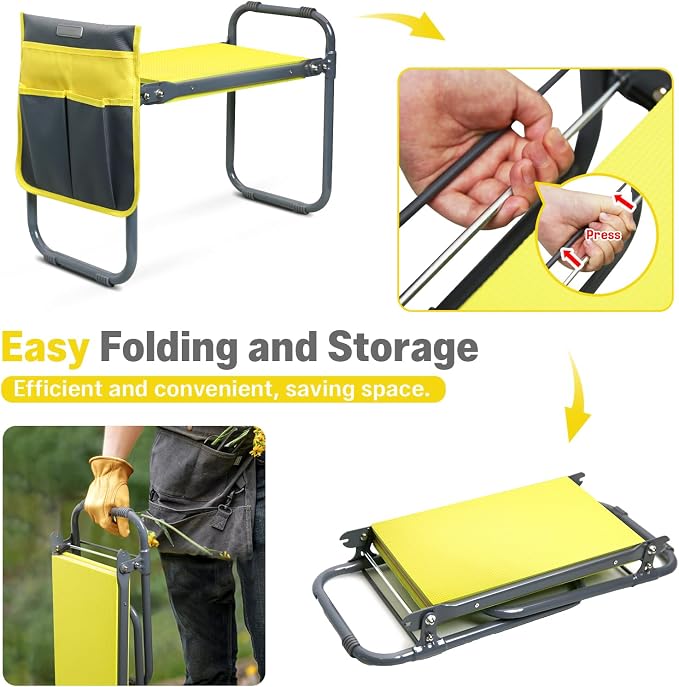 Garden Kneeler and Seat Heavy Duty, Foldable Gardening Stool Bench with Widened Thick Soft Kneeling Pad and Tool Pouches - 2-in-1 Portable Kneeling Device for Seniors (Yellow)