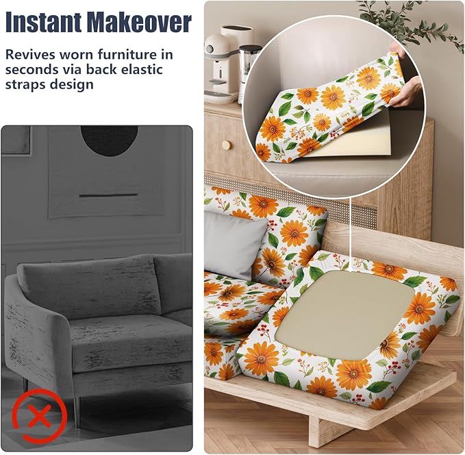 14Pcs Patio Stretch Cushion Covers, Outdoor Couch & Sofa Replacement Slipcovers for Patio Furniture Cushion Covers, Washable Reusable Furniture Protector, Square Large, Sunflower