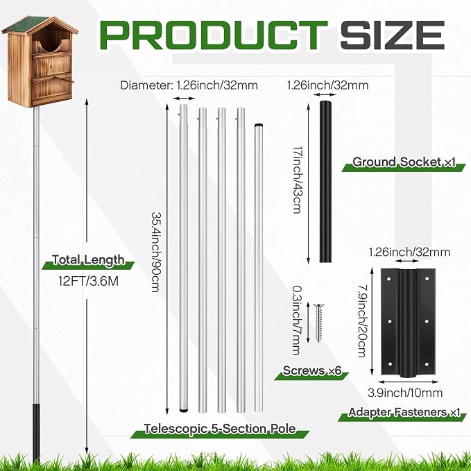 Yaocom Screech Owl House with 12ft Pole Wooden Kestrels Box with Waterproof Roof Ground Socket, Screws, Adapter Fasteners Predator-Resistant Nesting for Outside Prebuilt Purple Martin Bird Bat