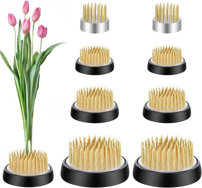 8-Pack Flower Frogs for Arrangements, Solid Iron Floral Frog with Sharp Copper Needles & Non-Slip Rubber Base, Reusable Stem Holder for Vases, Ikebana (Gold)