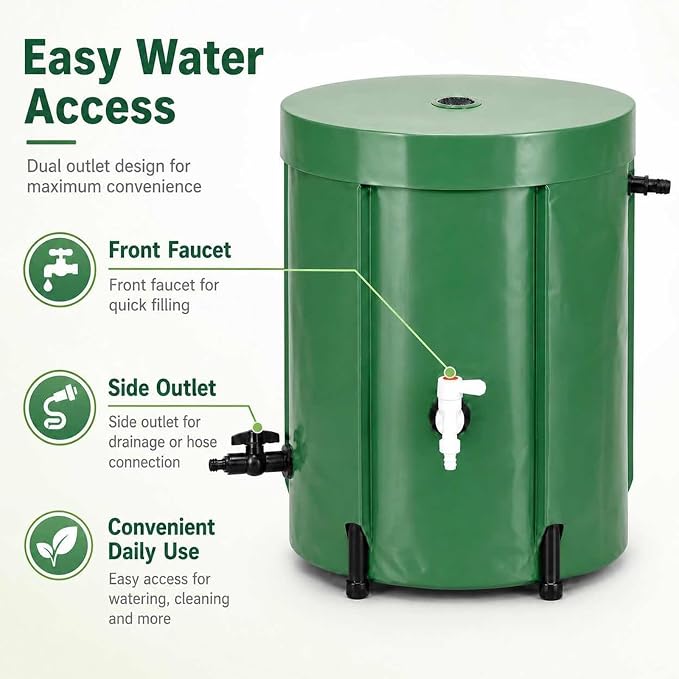 Collapsible Rain Barrel 53 Gallon, PVC Rainwater Collection Barrel with Spigot, Overflow & Mesh Screen — Portable, Foldable Water Storage Tank for Garden, Lawn & Outdoor Watering