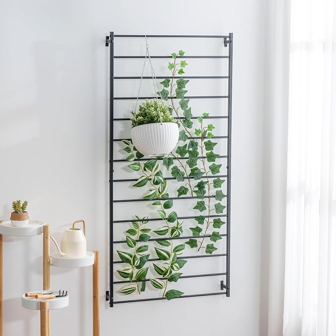 MyGift Wall Mounted Metal Garden Trellis for Climbing Plants Vines & Ivy, Matte Black Outdoor Panel with 14 Support Bars Outdoor Hanging Support Frame – No Assembly Required