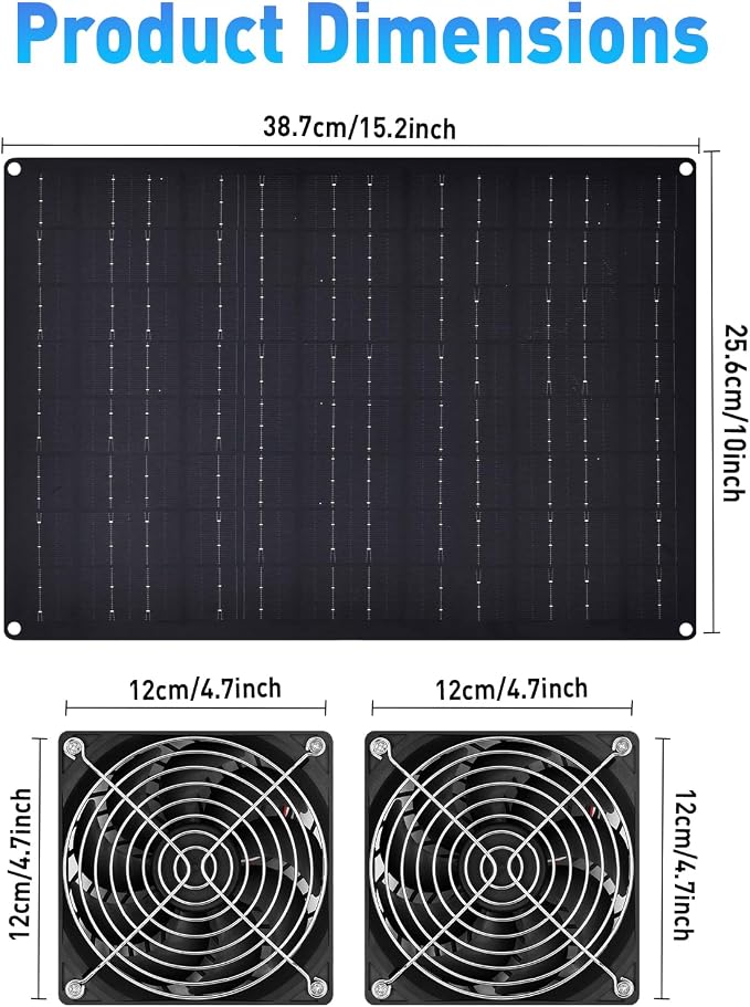 Solar Powered Fan, 25W Solar Fans for Outside Vent Exhaust Fan Waterproof for Shed Chicken Coops Greenhouse Doghouses Pet House for Intake or Exhaust Air Cooling