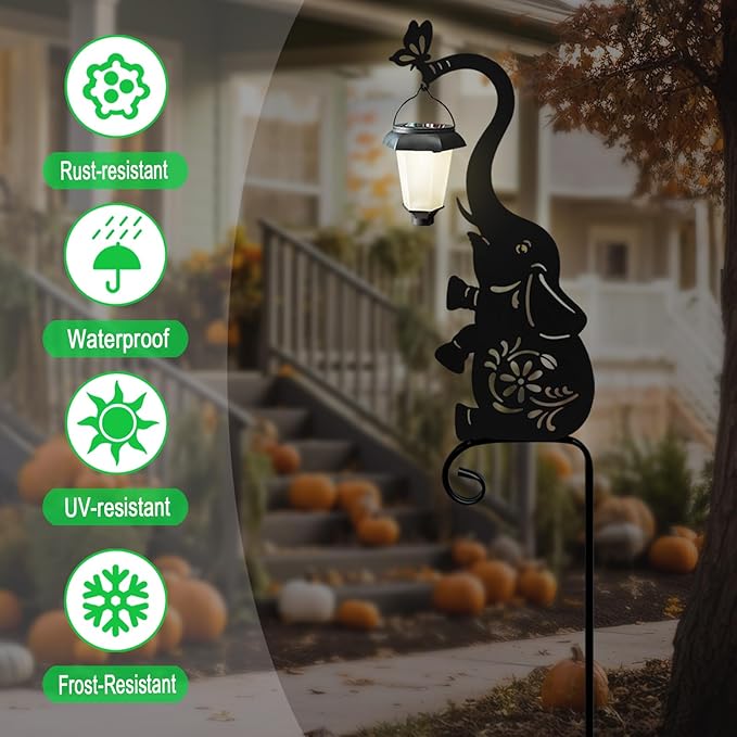Metal Elephant with Solar Lantern Garden Stake,Garden Lights Solar Powered, Outdoor Decorations for Yard (Black Elephant)
