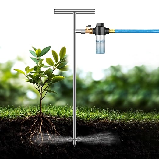 Deep Root Watering Tool for Trees - Stainless Steel Root Feeder with Fertilizer Bottle, Watering Wand Irrigation System with Brass Valve T-Handle for Garden, Orchard & Shrubs Irrigation Growth System