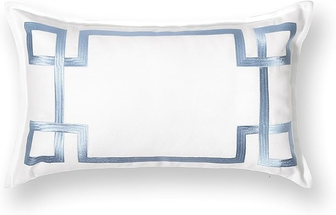 Hofdeco Premium Coastal Patio Indoor Outdoor Lumbar Pillow Cover Only, 12"x20" Water Repellent for Backyard, Couch, Baby Blue Embroidered Frame Greek Key (Pack of 2)