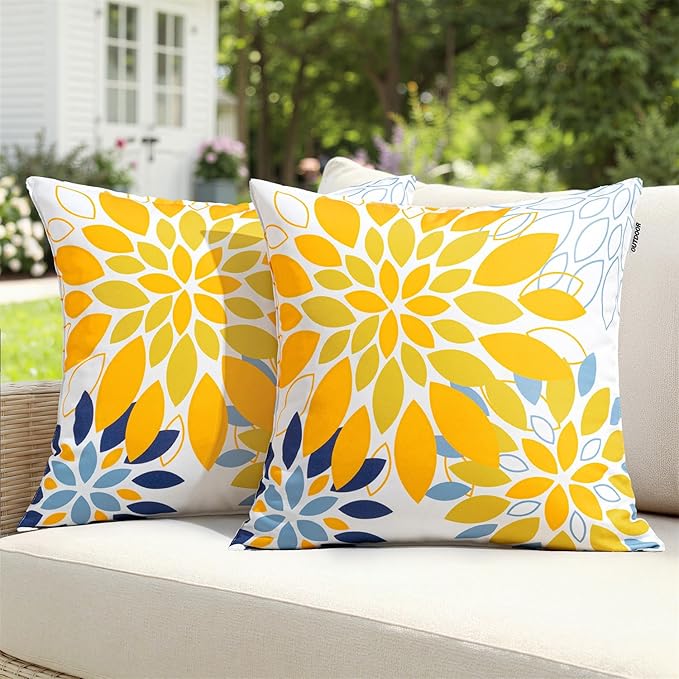 Floral Outdoor Pillow Covers Waterproof Spring Throw Pillow Cases Yellow Blue 16x16 Inch Set of 2 Decorative Summer Cushion Covers for Patio Furniture Garden Bench Porch Sofa