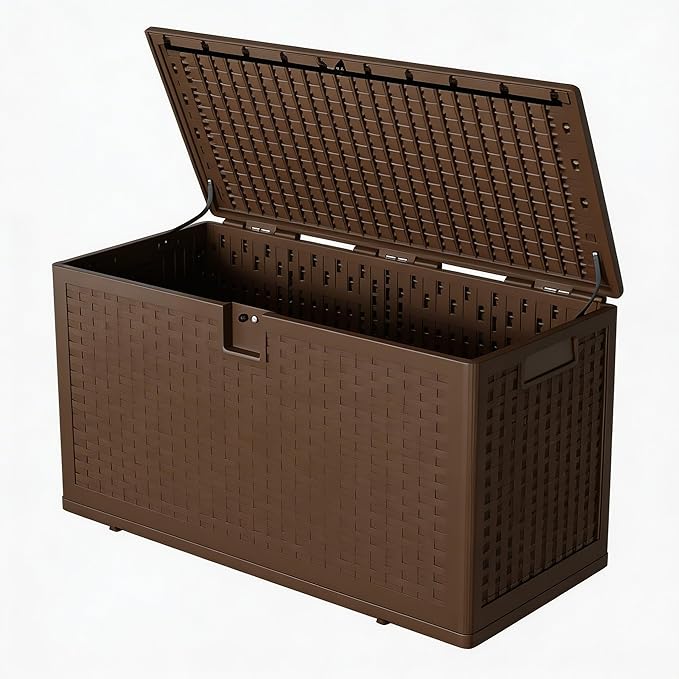 73 Gallon Outdoor Storage Box, Waterproof Resin Deck Box with Lockable Lid & Built in Handles, 270 LB Capacity, Weather Resistant Storage Bin for Patio Porch Garden Poolside, Brown