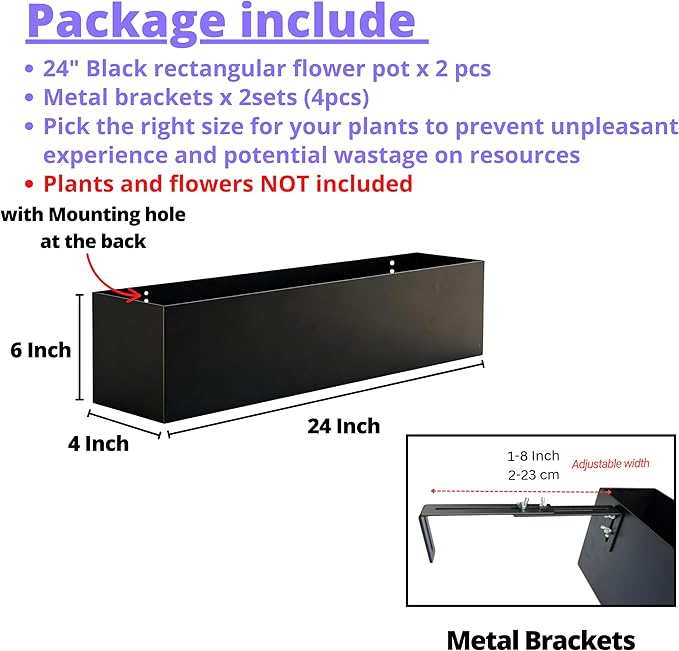 LaLaGreen Railing Planter Box (24 Inch, 2 Pack) Black Metal Rectangular Hanging Flower Boxes with Brackets, Deck Railings Planters for Outdoor Plants Fence Over Rail Balcony Patio Porch Stylish Garden