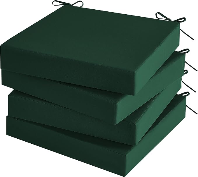 Outdoor Chair Cushions Set of 4 for Outdoor Patio Furniture, Waterproof Patio Seat Cushions with Handle & Ties, 3 Year Color Fastness Square Garden Sofa Couch Pads, 19" x 19" x 3", Dark Green