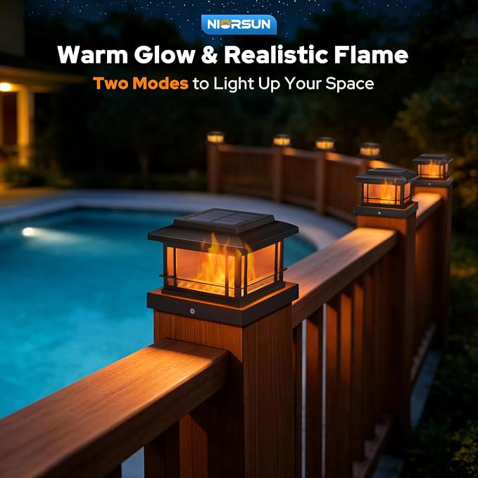 NIORSUN Solar Post Lights Outdoor, Fence Post Solar Lights with Flickering Flame Light & 3 Color Temps, Waterproof, Garden Patio Fence Deck Decor, 4x4 Posts Caps, 4x4, 5x5 Wooden & Vinyl (6Pack,Black)