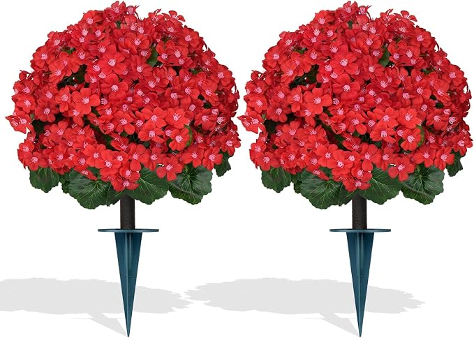 Grooy Artificial Plants Flowers Topiary Ball for Outdoor, 2 Pack Fake Silk Crabapple Flower Plant Bushes, UV Resistant Realistic Plants Shurbs for Outside,Front Porch,Patio,Yard(Red)