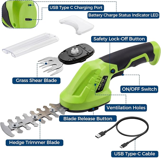 2-in-1 Electric Handheld Hedge Trimmer, Cordless Grass Shear & Shrub Trimme, Lightweight Rechargeable Bush Trimmers, with Type-C Cable, Dual Safety Switch, Brushless Motor, for Yard, Lawn, Garden