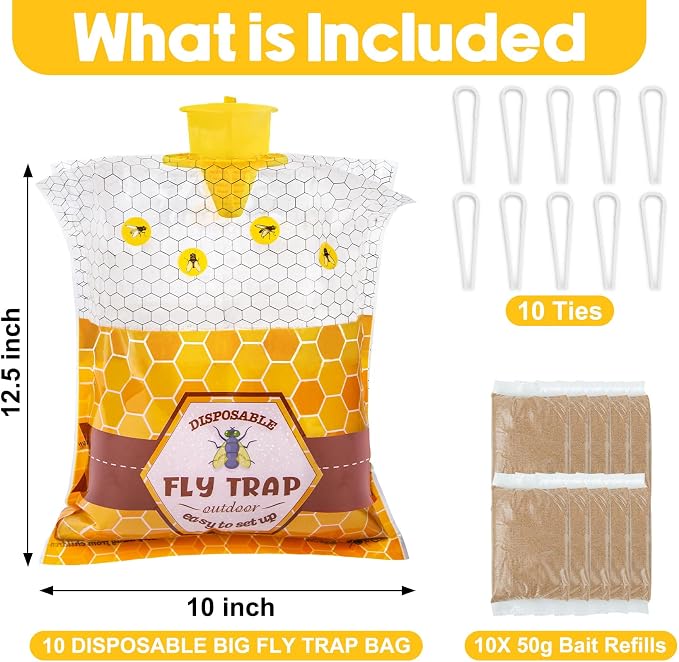 10 Pack Big Fly Traps Outdoor Hanging for Patio, Flies Bags Outdoor Disposable with 50g Bait, Bug Fly Hunter Catcher Killer Control for Barn Horse Ranch Chicken Coop
