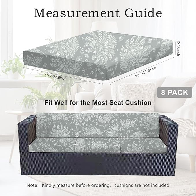 CALBODE Ourdoor Cushion Covers Waterproof Set of 8 Floral Printed Stretch Patio Chair Cushino Covers for Patio Furniture Replacement,Washable Couch Covers for Furniture(Grey)
