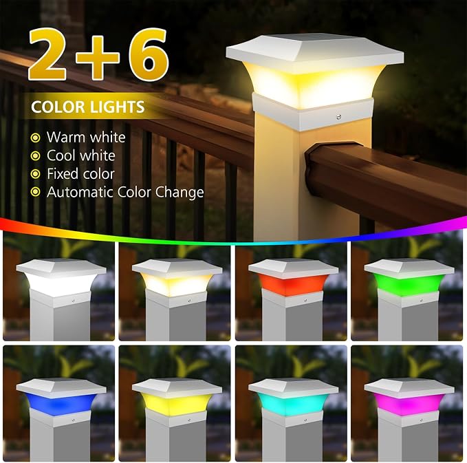 T-SUN 4X4 Post Solar Lights, Outdoor Waterproof RGB Color Changing Light for 4X4 5X5 6X6 Wood/Vinyl/Fence Posts, Deck, Solar Post Lights for Patio Garden Decor or Fence(White Shape-2 Pack)