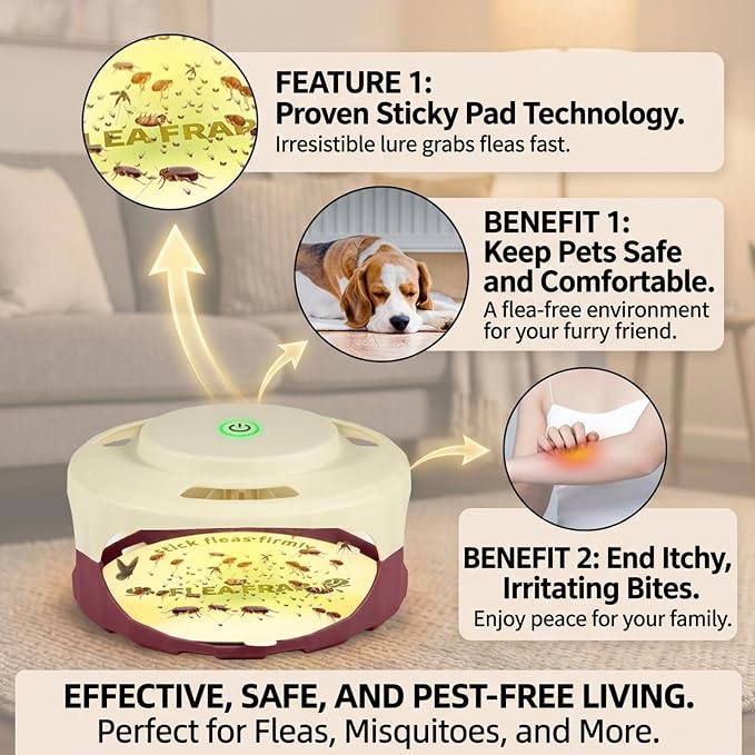 4 Pack Flea Traps for Inside Your Home,Type-C Powered Flea Trap Indoor with Dual Light 30 LED Lights, Indoor Flea Control Device & Bug Light Trap,16 Sticky Pads Refills for Bed&Living Room
