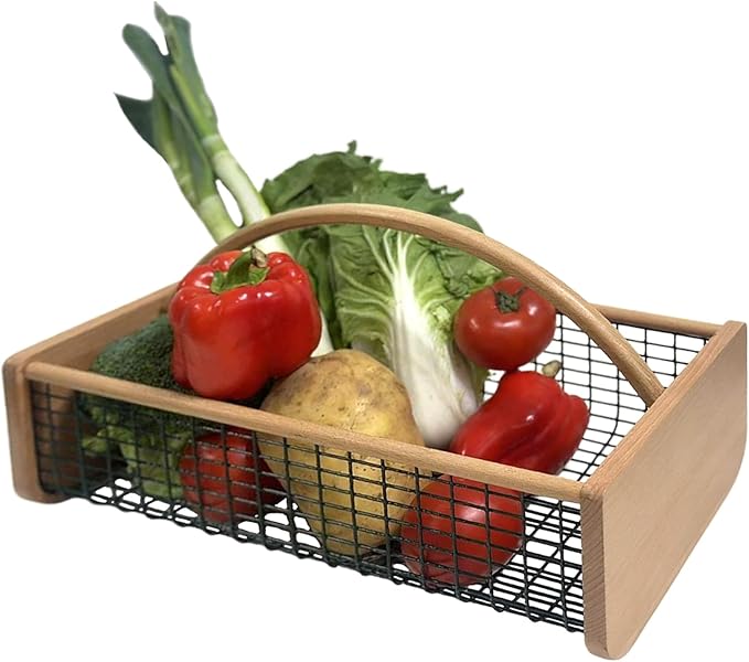 Beechwood Garden Hod for Harvesting, Premium Mesh Harvest Basket with Smooth Solid Wood Handle, Wire Picking Basket for Vegetables, Fruits & Flowers, Classic Garden Trug for Outdoor Rinse & Storage