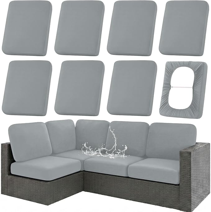 hyha Waterproof Outdoor Cushion Covers for Patio Furniture, Stretch Patio Chair Cushion Slipcovers, Coated UV Resistant Replacement Seat Covers, Solid Color (Grey, 8PC)