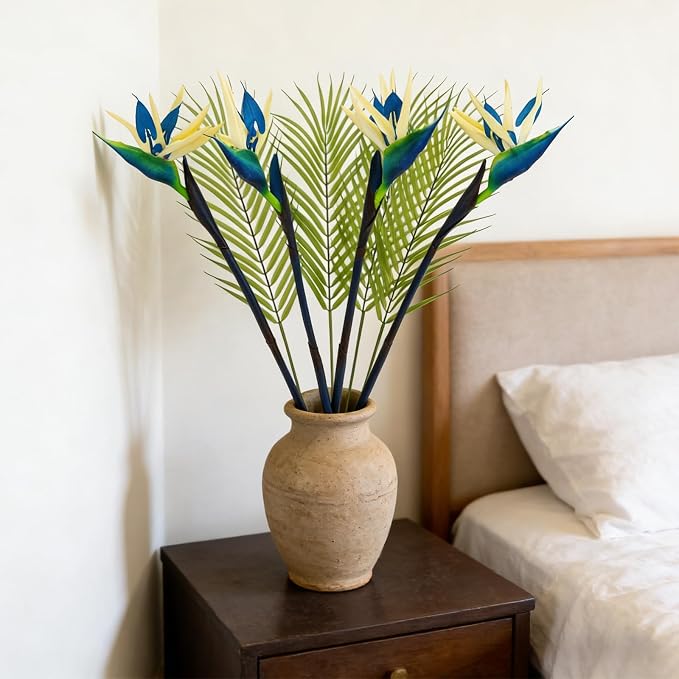 8 PCS Bird of Paradise Artificial Plant Combo Palm Leaves,4 Faux Bird of Paradise Plant with 4 Artificial Palm Leaves for Wedding Garden Office Home Indoor and Outdoor Decor(Blue)