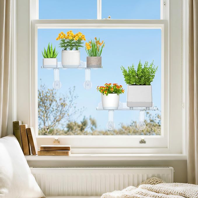 Lifewit 6" Extra Wide & Strong Window Plant Floating Shelves 4 Pack, Heavy Duty Acrylic Suction Cup Shelf, Sill Extender for Succulent Plants, Seed Starter Pots, Herb Planters 38 x 15 cm/15.2x6