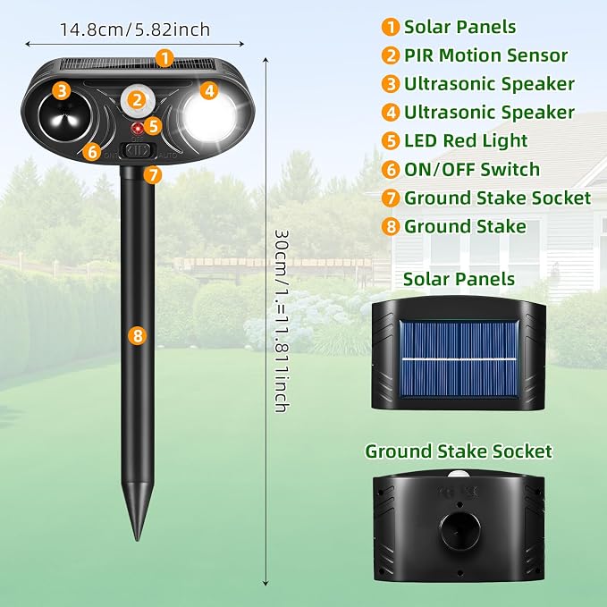 4 Pack Sonic Fortress Pro Deer Repellent Device Outdoor,Solar Animal Repeller for Garden, Squirrel Fortress Pro with PIR Sensor & Flashing Light for Rabbit Fox Raccoon Coyote Cats Repellent Outdoor