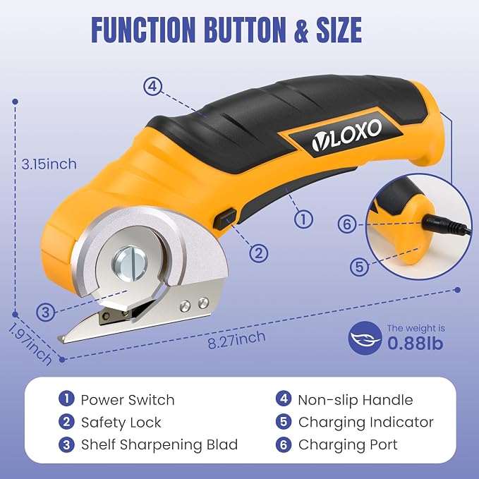 VLOXO Cordless Cardboard Cutter – Electric Scissors for Effortless Cardboard Recycling, Package Opening & DIY Crafting, 240RPM Cordless Power Scissors with Safety Lock for Left & Right Hand(Yellow)