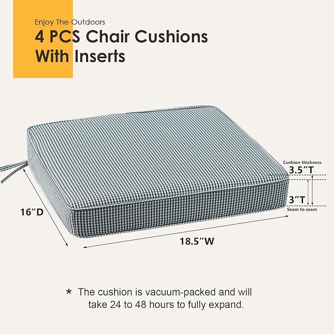 Outdoor Square Corner Seat Cushion, 18.5"x16"x3", Set of 4, Non Slip Seat Cushion Pads with Removable Cover for Patio Furniture, Garden Yard Lawn, Black White Mini Check