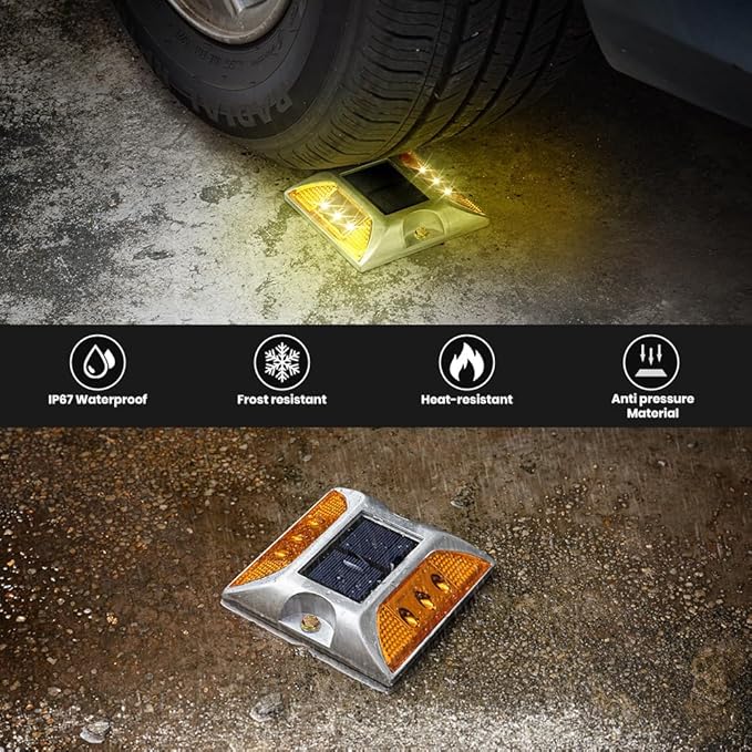 Solar Raised Pavement Marker High Brightness IP68 Waterproof Solar Powered Reflector Road Solar Blinker Light for Anti-diecast Aluminum Protruding Signs Safety Warning 8PCS (Yellow)