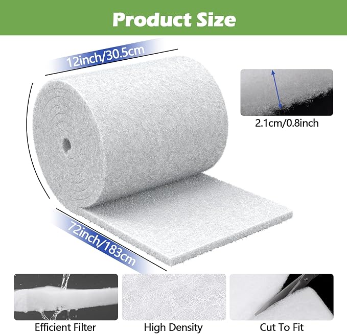 Pond Filter Pad, 12"x72"x1.1" – 6 sq ft White Reusable & Washable Foam Media for Outdoor Fish Ponds, Aquariums & Water Gardens