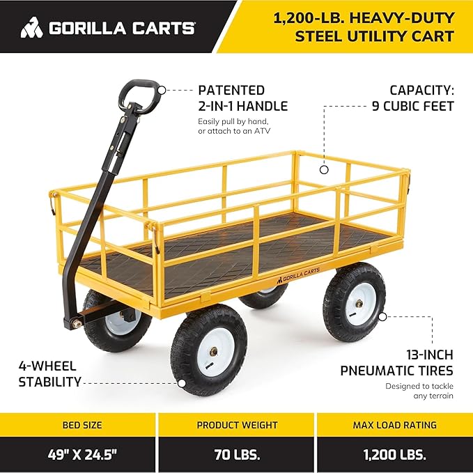 Gorilla Carts Heavy Duty, All Terrain Garden Wheelbarrow, 1200 Lb, Yellow - Gardening Equipment for Yard, Lawn, and Outdoor Use