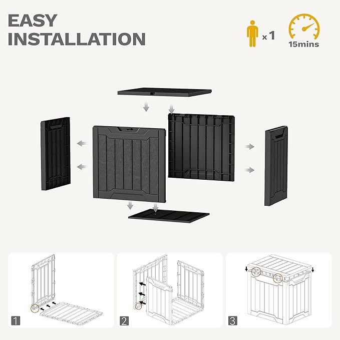 DWVO 30 Gallon Deck Box Outdoor Storage Box, Lockable Outside Storage Bin for Gardening Tools, Patio Cushions, Waterproof Resin (Black)