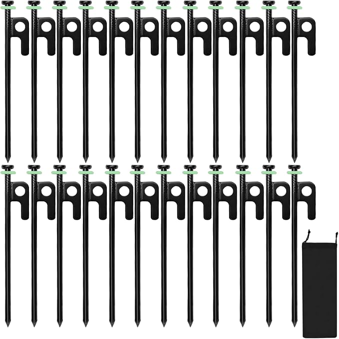 24Pcs Tent Stakes, 8in Heavy Duty Tent Stakes with Storage Pouch, Forged Steel Tent Sakes Metal, Metal Stakes for Tent Used on Grassland, Snowfield, Dessert(24Pcs, 8in, Diameter 1/4")