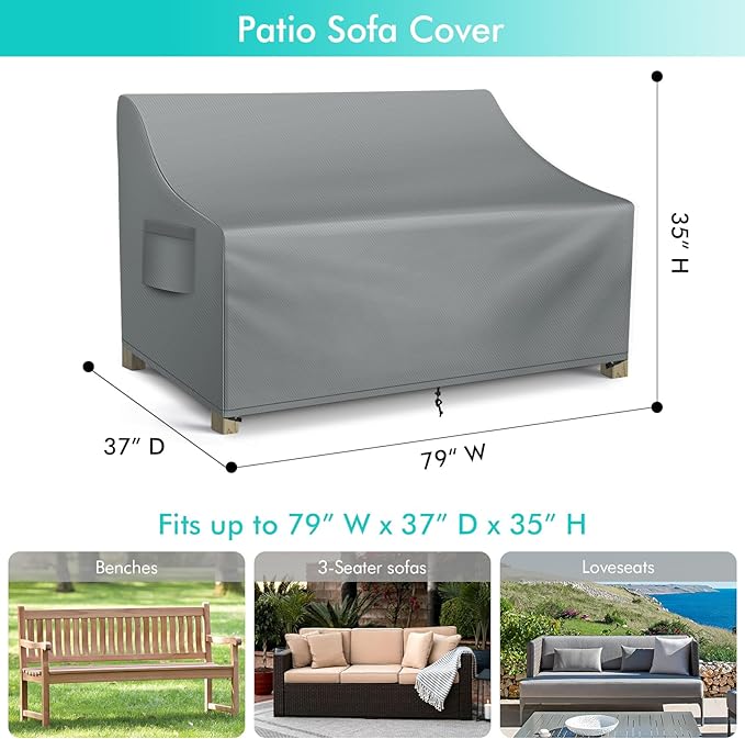 WLEAFJ Patio Sofa Cover Waterproof, 3-Seater Outdoor Sofa, Heavy Duty Deep Lounge Loveseat, Large Lawn Furniture with Air Vent, 79’’ W x 37’’ D x 35’’ H, Grey