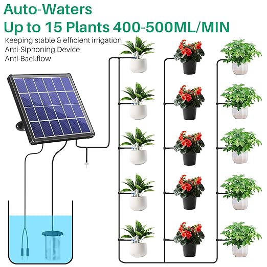 NFESOLAR 3W Solar Automatic Drip Irrigation Kit with LCD Timer, Customizable Watering Duration 1–30min & Interval 3h–7d, Anti-Siphoning Device for Potted Plants, Balcony, Garden, Patio, Vacation