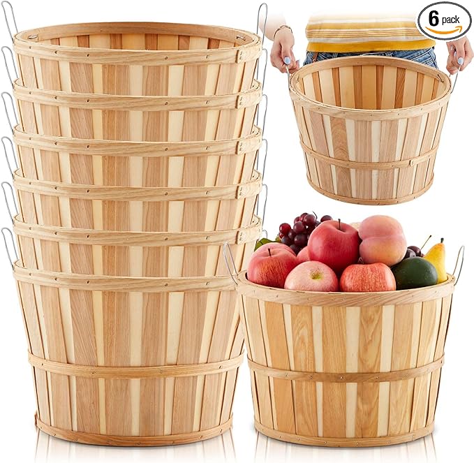 Marsui 6 Pcs Jumbo Half Bushel Baskets, 14 x 9.5 Inch Large Round Wooden Apple Basket with Handles Handcrafted Produce for Farmers Market Harvest Fruit Plants or Commercial Use