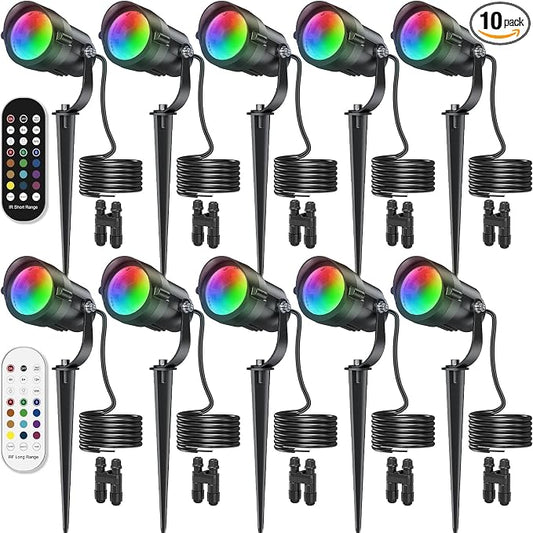HIBOITEC RGBW Low Voltage Landscape Lighting 10Pack 12W with Remote Connectors Spotlights Landscape Lights 12-24V AC/DC Waterproof for House Yard Trees Outdoor Christmas(Transformers NOT Included)