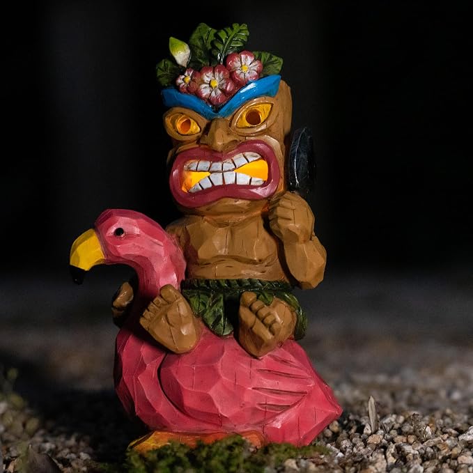 Solar Tiki Garden Statue Outdoor Decor with Flamingo Waterproof for Tiki Bar, Patio, Balcony, Yard, Lawn, Front Door Decorations, Gardening Gift for Tiki Man