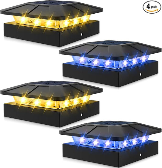 Peasur 4 Packs 4x4 Solar Post Lights Outdoor, Blue & Warm White LED Fence Caps Light Waterproof, Wood & Vinyl Post Top Lighting for Deck Mailbox Railing Porch Outside
