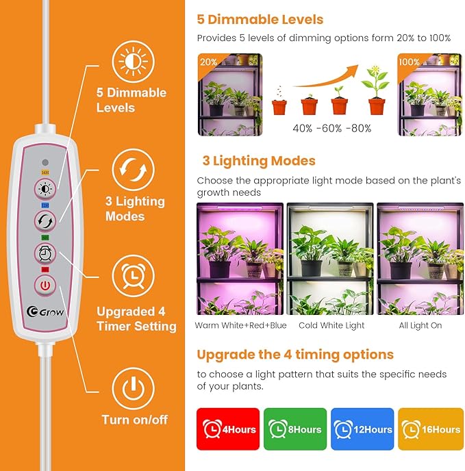 LED Grow Light Strip, 20W Full Spectrum Plant Lights With Red Blue White LEDs, 210 LEDs Grow Light Strips for Indoor Plants with 4/8/12/16H Auto Timer,3 Switch Modes, 5 Dimming Levels,2 Pack.