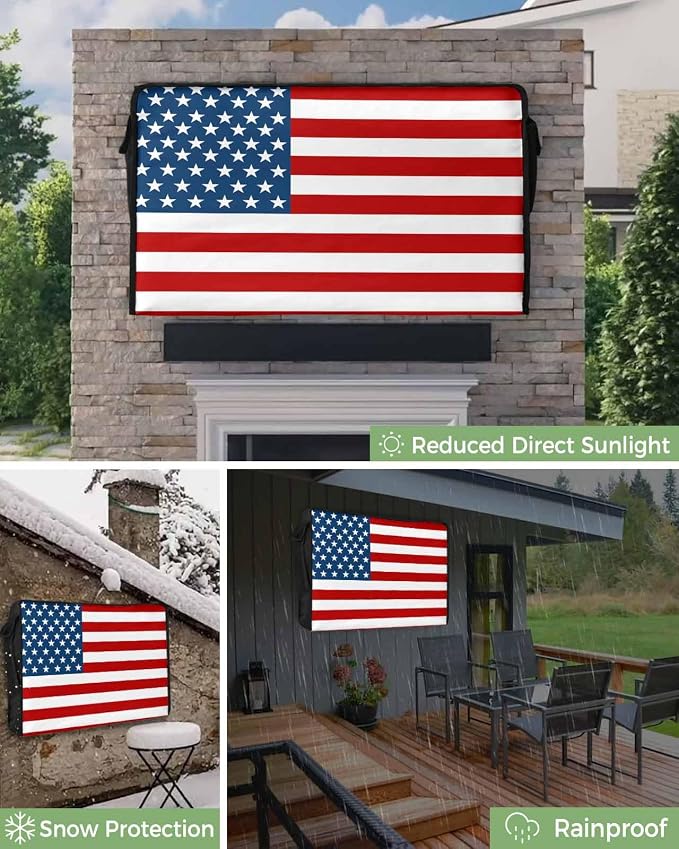 American Flag Outdoor TV Cover 60-65 Inches, Weatherproof & Waterproof, Red Striped Blue Star Outdoor TV Enclosure with Remote Control Pocket